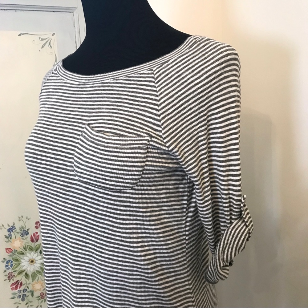 LOGO Tunic Raglan Tab Sleeve Lace Striped Top Smal - Picture 3 of 5